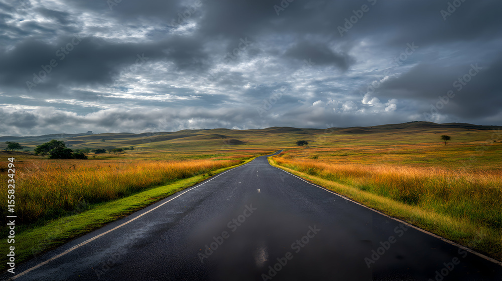 Fototapeta premium Road Trip Adventure Across Golden Plains Beneath a Dramatic Cloudscape Embracing the Open Sky