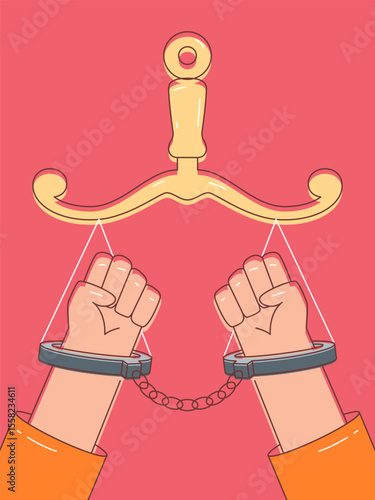An illustration of justice concept showing handcuff hands under scale on pink background. The scene depicts the struggle for justice.