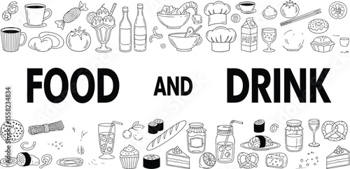 Food and drink themed doodle art with various culinary illustrations
