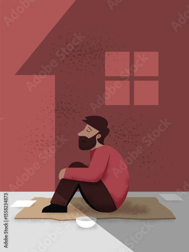 A man in a state of poverty sitting sadly in front of a red house, symbolizing a homeless man seeking shelter, captures the silent struggle.