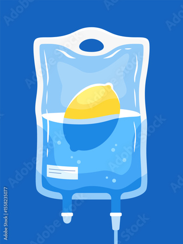 A refreshing visual of lemon submerged in a medical IV bag, showcasing the refreshing fusion of medicine and healthy eating with modern vector art.