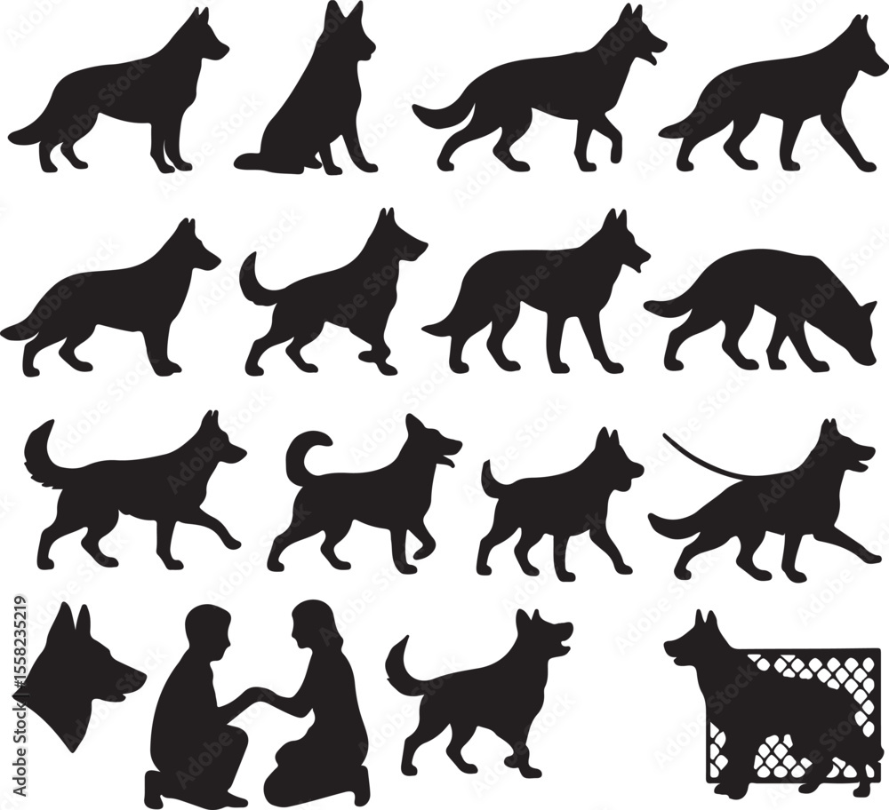 Fototapeta premium 20 dynamic German Shepherd silhouettes in action: running, sitting, barking, training, playing, guarding. Ideal for pet, police dog, or animal logo illustrations.