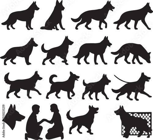 20 dynamic German Shepherd silhouettes in action: running, sitting, barking, training, playing, guarding. Ideal for pet, police dog, or animal logo illustrations.