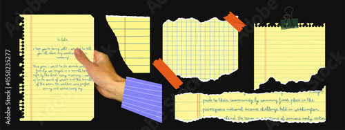 Yellow torn notebook paper collage with grid and lined sheets, hand holding paper, and scotch tape. School and office supplies set for digital design, scrapbooking.