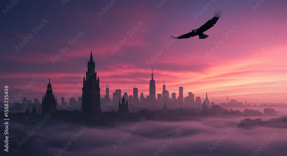 Fototapeta premium Misty Cityscape with Sunrise and Flying Eagle