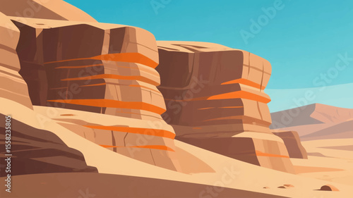Cartoon hand-drawn game scene vector illustrations, flat style graphic design, deserts, sand dunes, rocks, natural landscapes