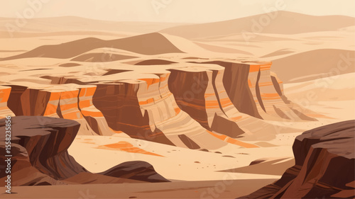 Cartoon hand-drawn game scene vector illustrations, flat style graphic design, deserts, sand dunes, rocks, natural landscapes