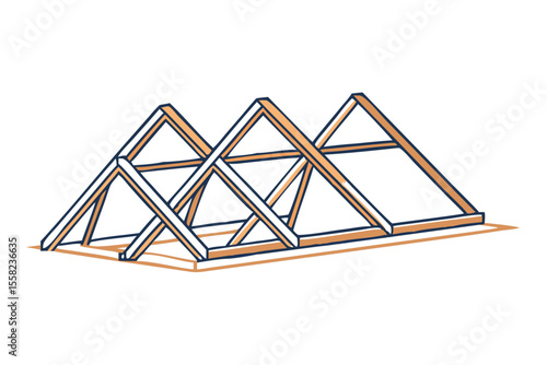 Illustration of a wooden roof truss structure with geometric triangular supports on a black background