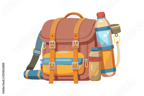 Illustration of a cartoon hiking backpack with water bottles and camping gear attached