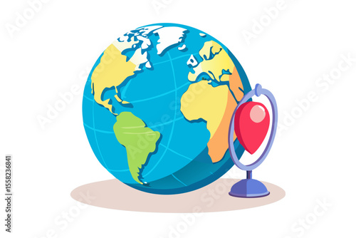 Stylized globe with a red location pin on a stand representing global travel