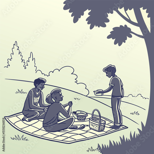 Three diverse friends enjoying a sunny day picnic together outdoors under a large tree sharing food from a basket on a checkered blanket