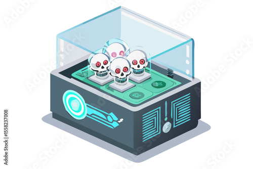 Futuristic display case showcasing glowing red eyed skulls and digital currency symbols