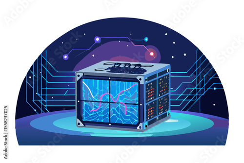 Futuristic quantum computer processing complex data on a glowing blue platform