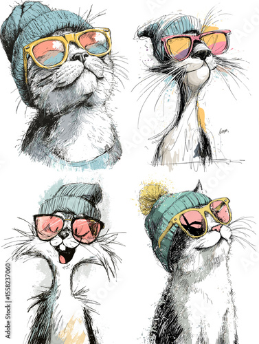 Funny hand-drawn cats wearing beanies and sunglasses in quirky poses, perfect for greeting cards, posters, and humorous merchandise designs.

