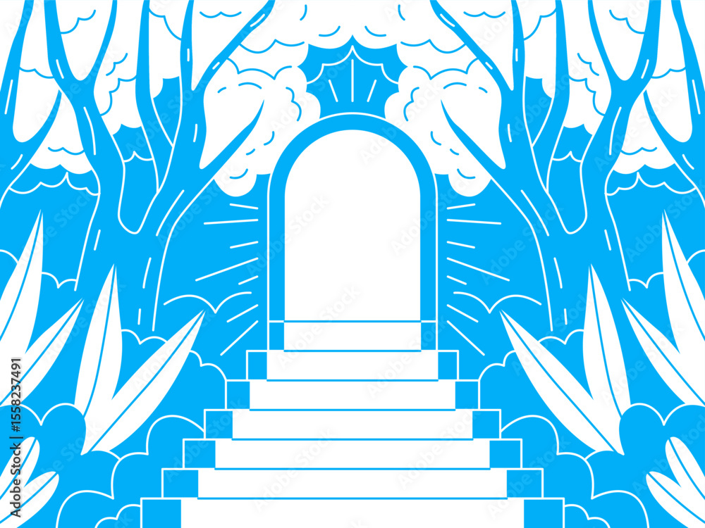 Naklejka premium An illustration of a grand archway, standing at the top of a staircase leading into an unknown dimension. Illustrative archway with trees on both sides and a glimpse of fluffy clouds.