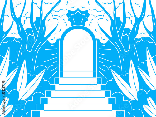 An illustration of a grand archway, standing at the top of a staircase leading into an unknown dimension. Illustrative archway with trees on both sides and a glimpse of fluffy clouds.