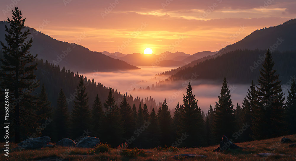 Obraz premium Foggy Morning in Pine Forest with Sunrise