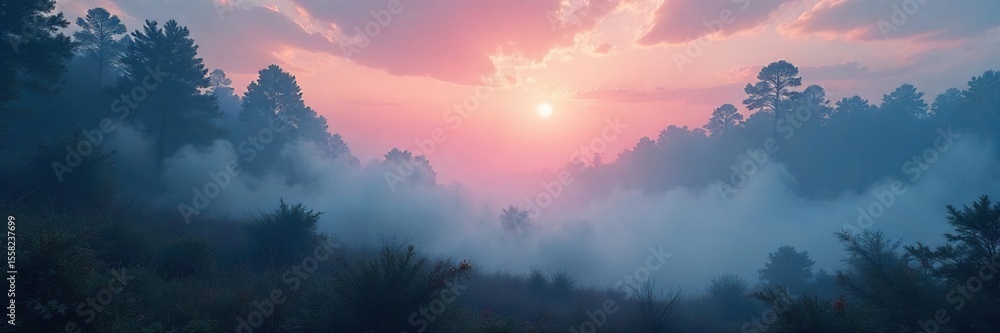 Fototapeta premium Mysterious Hazy Landscape Soft Light Bathes Dreamy Scene, Perfect Atmospheric Background for Fantasy, Sci-Fi, and Nature Projects