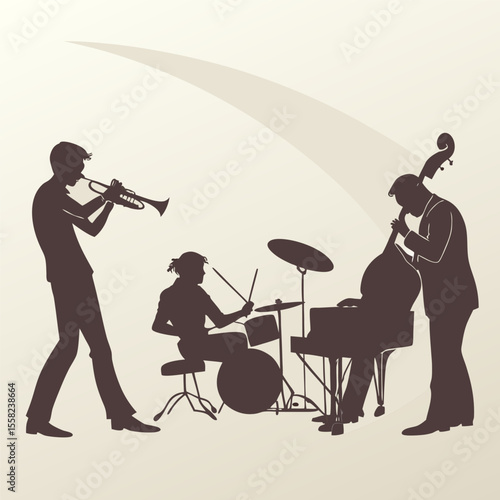 Silhouette of a jazz band playing music with a trumpet player drummer and upright bass player in a minimalist style