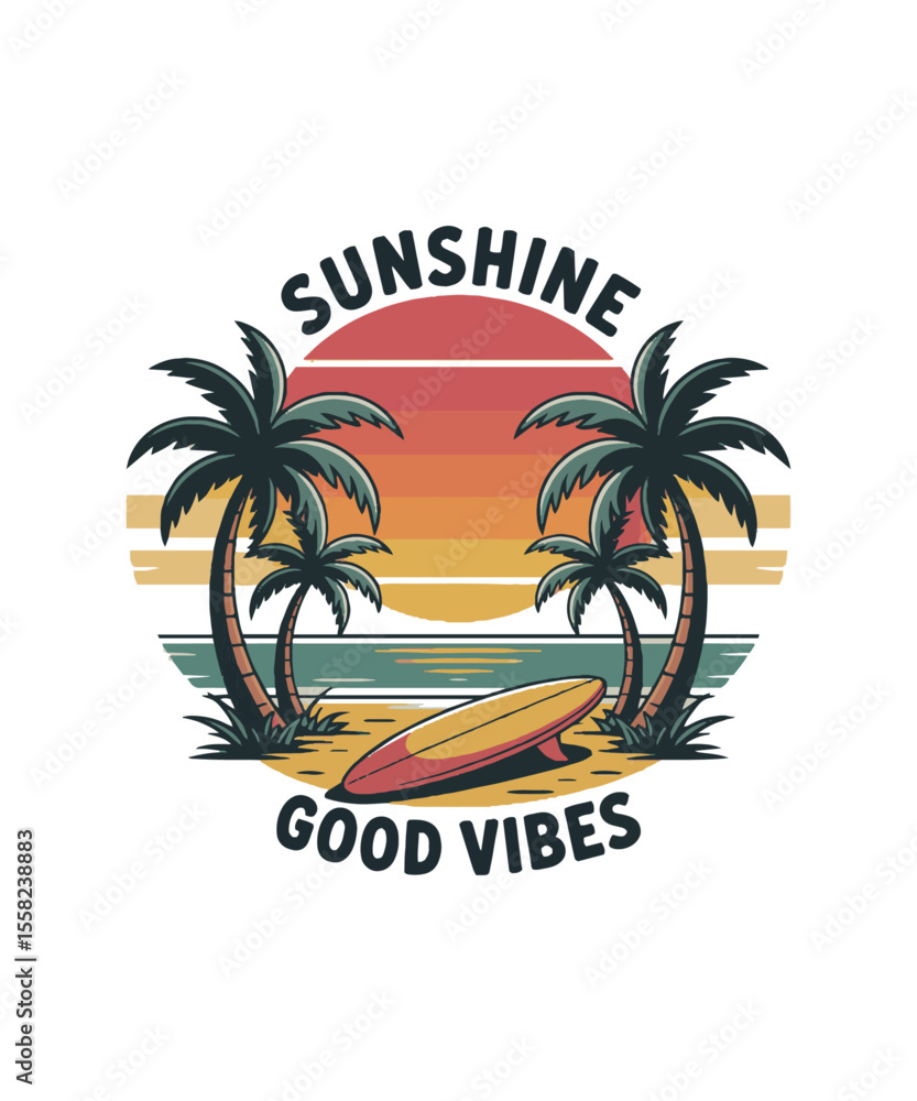 Obraz premium Hand-drawn vintage sketch-style vector illustration of a tropical beach scene t-shirt design, Sunshine paradise graphic print design. tropical island art for fashion, beach wave art, easily editable.