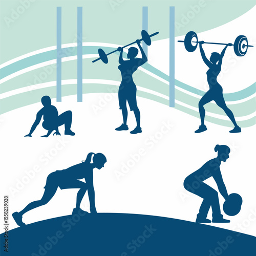 Diverse group of people performing various fitness exercises and weightlifting movements in a gym setting with abstract background elements