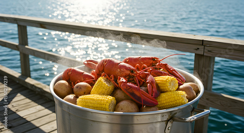Delicious Seafood Boil with Lobster, Corn, and Potatoes by the Ocean