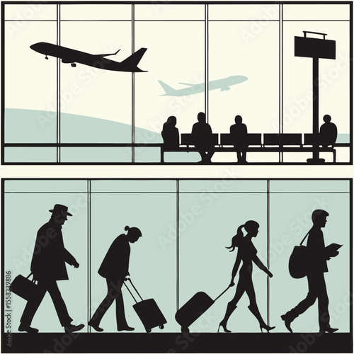 Silhouettes of travelers with luggage walking inside an airport terminal with passengers waiting and airplanes flying outside the window