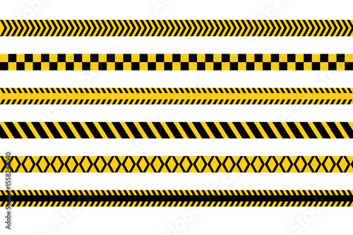 yellow and black caution warning tape set for industrial safety, road, construction, hazard area. vector illustration with transparent background