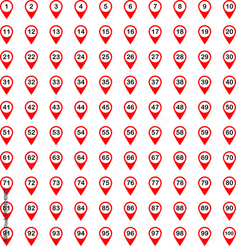 Location pin icons with number. Map marker symbol set with 1 to 100 numbers. Transparent vector illustration.