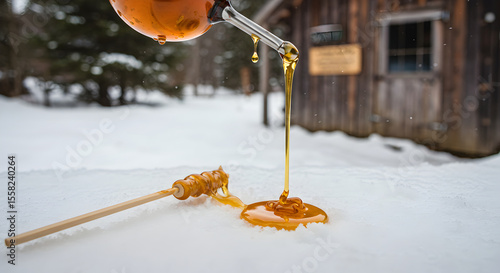 Maple syrup pouring on snow, traditional winter dessert in a rustic setting
