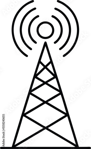 Simple black line drawing of a transmission tower with radiating signal waves isolated on white background