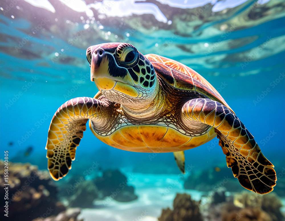 Fototapeta premium A vibrant green sea turtle gracefully swims in crystal-clear tropical waters, sunlight illuminating its colorful shell and surroundings.