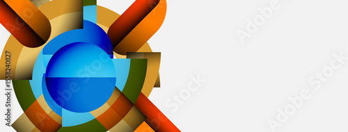 Abstract geometric shapes, vibrant colors, dynamic composition. Blue center draws attention, orange accents provide contrast. Modern design.