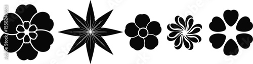 Five black and white floral designs in a horizontal line on white page