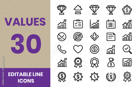 Core values icon pack collection set for business management and leadership. With integrity, innovation, teamwork, perseverance, empathy, accountability, adaptability, trust, excellence, kindness