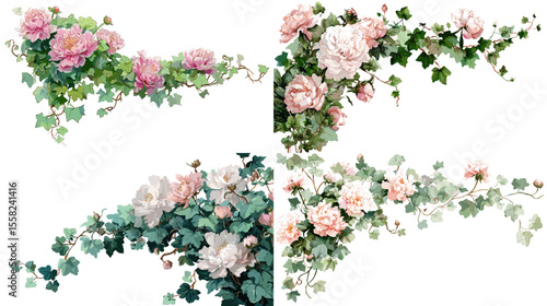 Romantic rose and ivy corner arrangements in watercolor style, ideal for wedding invitations, floral decor, and elegant botanical designs.

