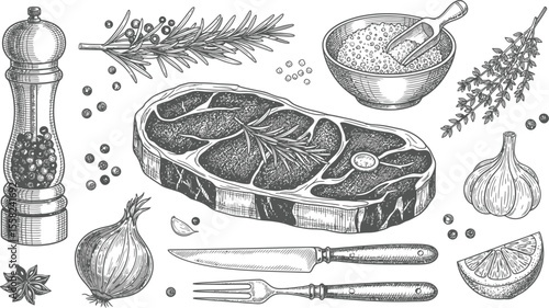 Illustration of steak with herbs spices and cooking utensils around it