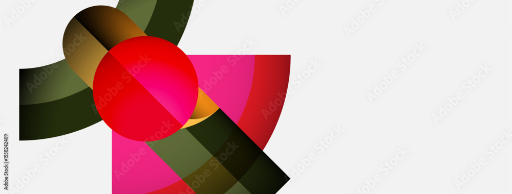 Abstract composition features overlapping shapes, vibrant colors. Red circle dominates, contrasted by pink, green, gold elements. Minimalist design. Abstract composition features overlapping shapes, vibrant colors. Red circle dominates, contrasted by pink, green, gold elements. Minimalist design.