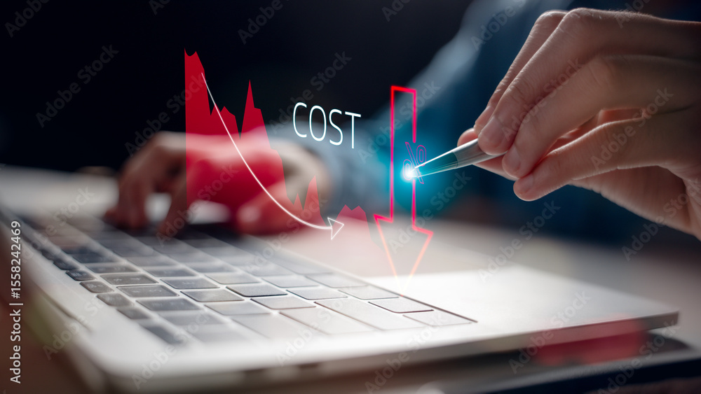 Αυτοκόλλητο Close-up of a person using a pen on a laptop with a cost reduction graph overlay