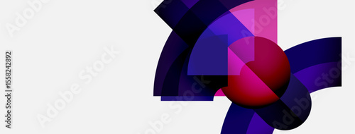 Abstract composition features vibrant purple, pink hues. Sphere intersects flowing ribbons, creating dynamic visual impact. Minimalist design.