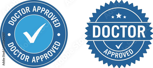 Two blue doctor approved seals with check mark and star design elements