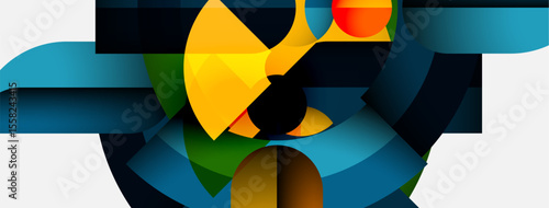 Abstract composition. Geometric shapes overlap, creating dynamic visual experience. Colors blend, forming intriguing patterns. Modern design.