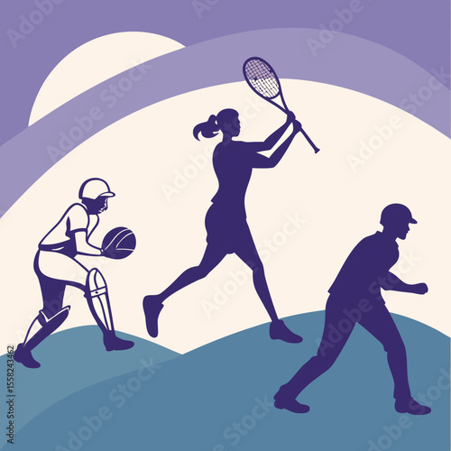 Dynamic silhouettes of athletes playing tennis and cricket in a stylized outdoor landscape with rolling hills and a setting sun