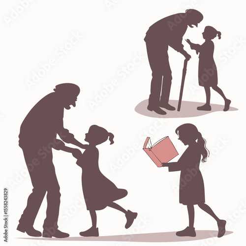 Silhouettes of a grandfather and granddaughter sharing moments of learning and play representing intergenerational connection and family bonding