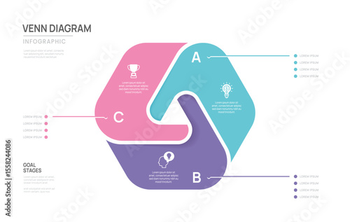 Venn diagram infographic chart template for business 3 step options presentation with icon elements vector illustration.