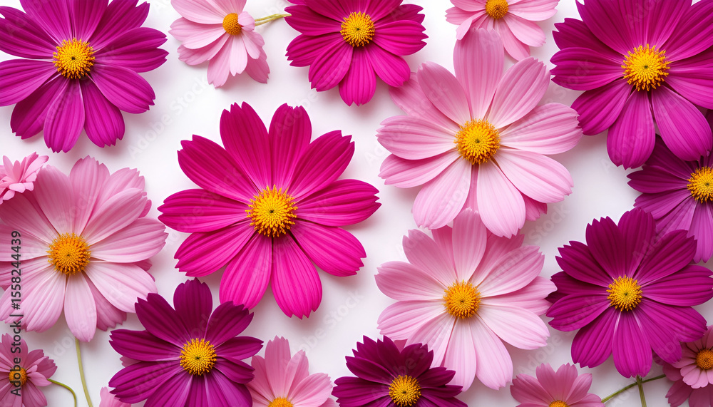 Radiant pink and purple cosmos flowers create a cheerful botanical display against a clean white backdrop, ideal for spring themes. Radiant pink and purple cosmos flowers create a cheerful botanical display against a clean white backdrop, ideal for spring themes.