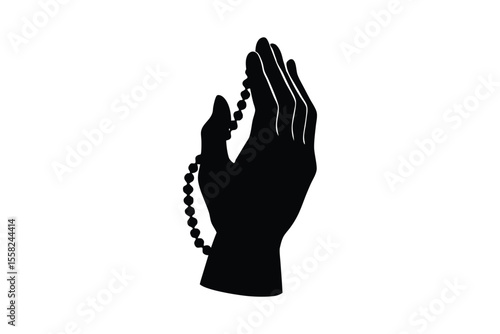 Silhouette art illustration of a praying hand with rosary beads draped over.eps