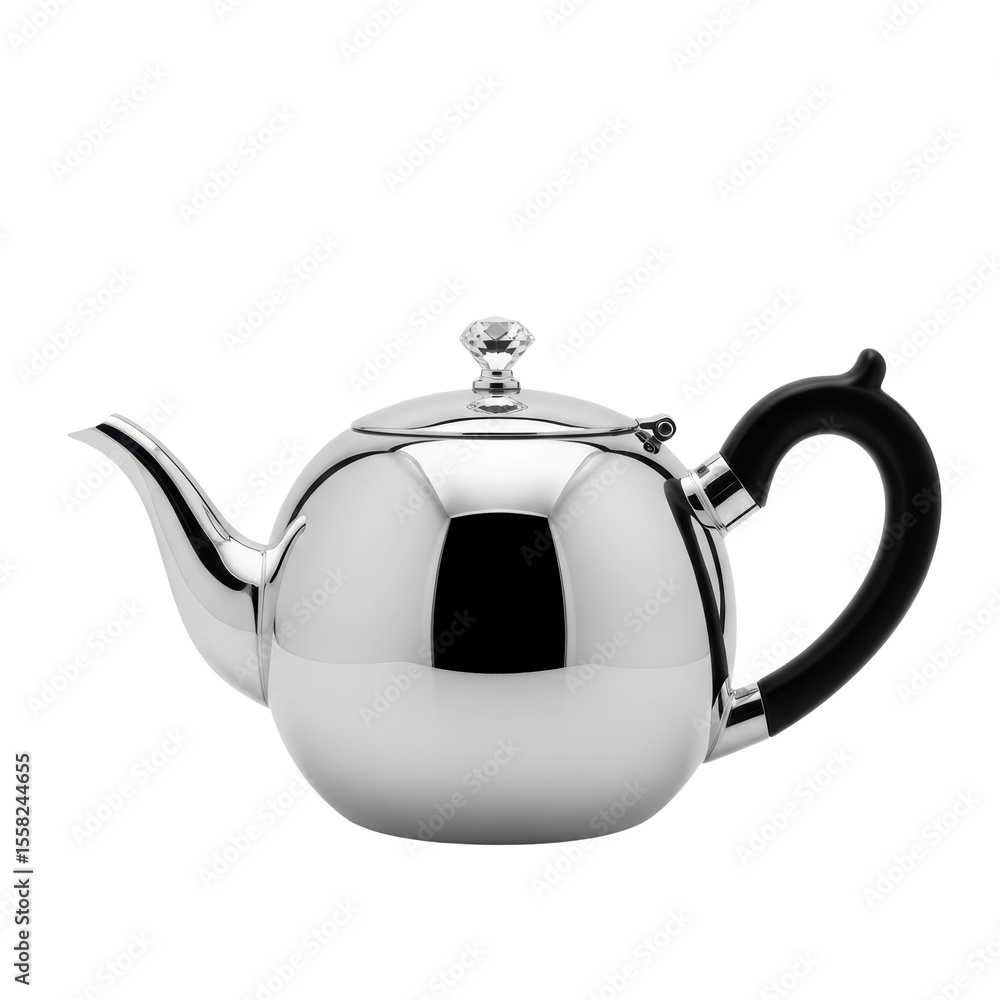 Obraz premium A sleek, modern silver teapot with a black ergonomic handle and a decorative crystal knob, perfect for serving hot beverages in a contemporary setting.