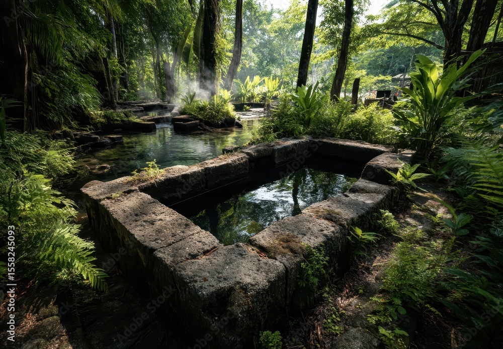 Obraz premium Serene Natural Hot Springs in Lush Tropical Surroundings with Steaming Water and Abundant Greenery, Peaceful Outdoor Escape for Relaxation