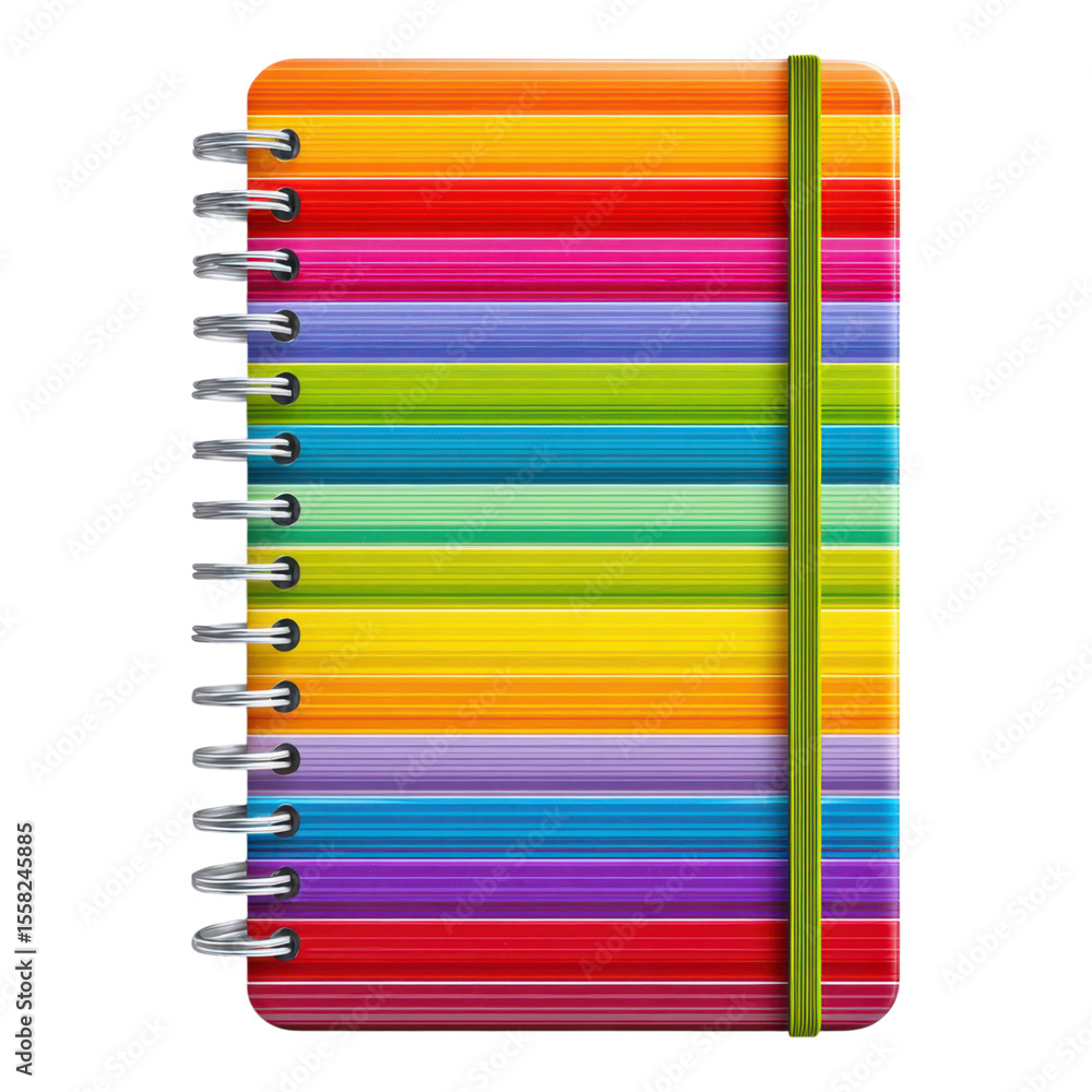 Fototapeta premium Colorful striped notebook with spiral binding and elastic band for creative writing or note-taking